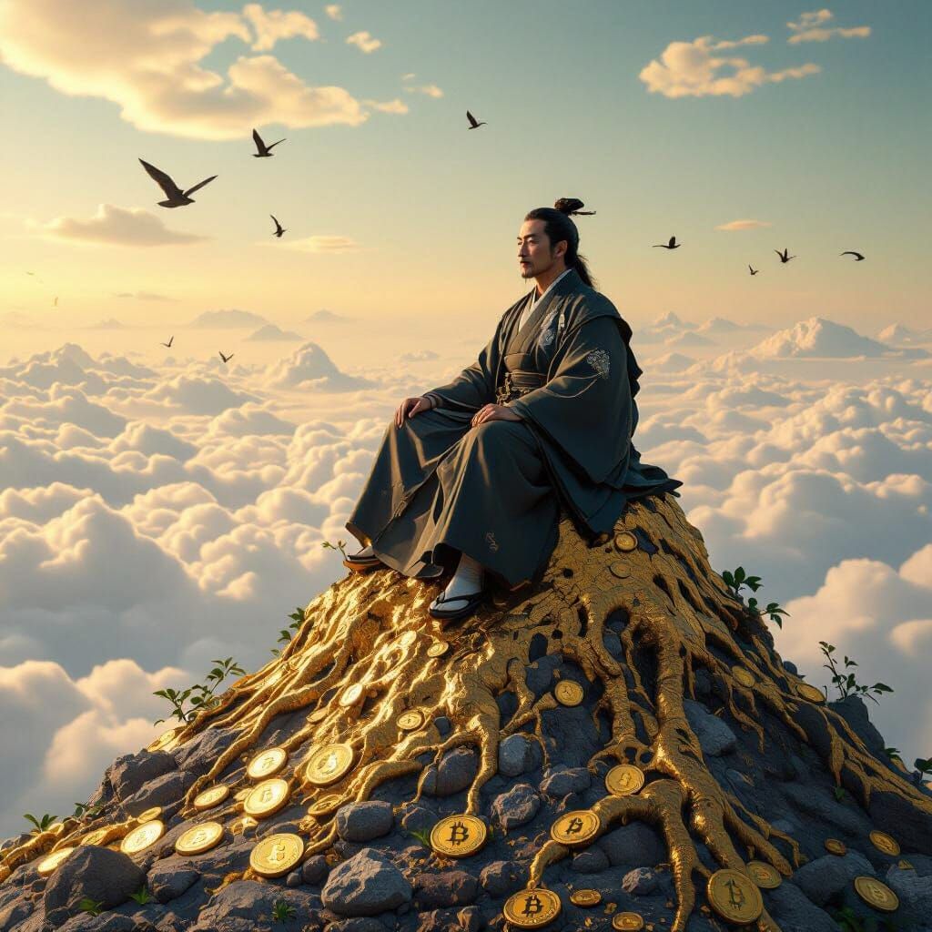 Japanese Man on Golden Mountain Peak: Digital Art