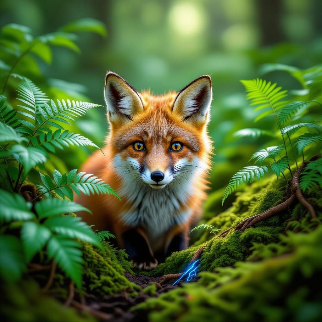 Fox Peeking in Bioluminescent Forest