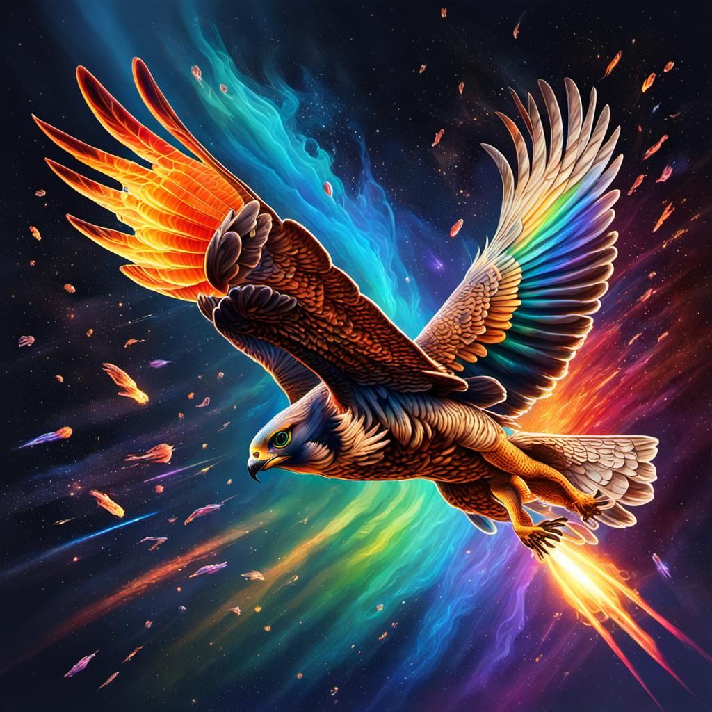 A firey falcon flying over a sentient comet trailing a rainbow of colors through the cosmos