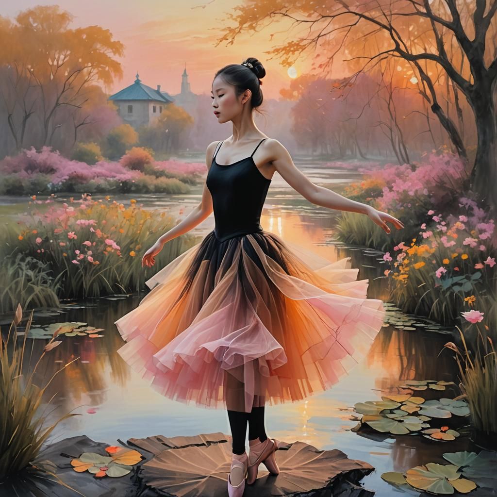 Ballerina in Tulle Skirt Dancing at Sunset