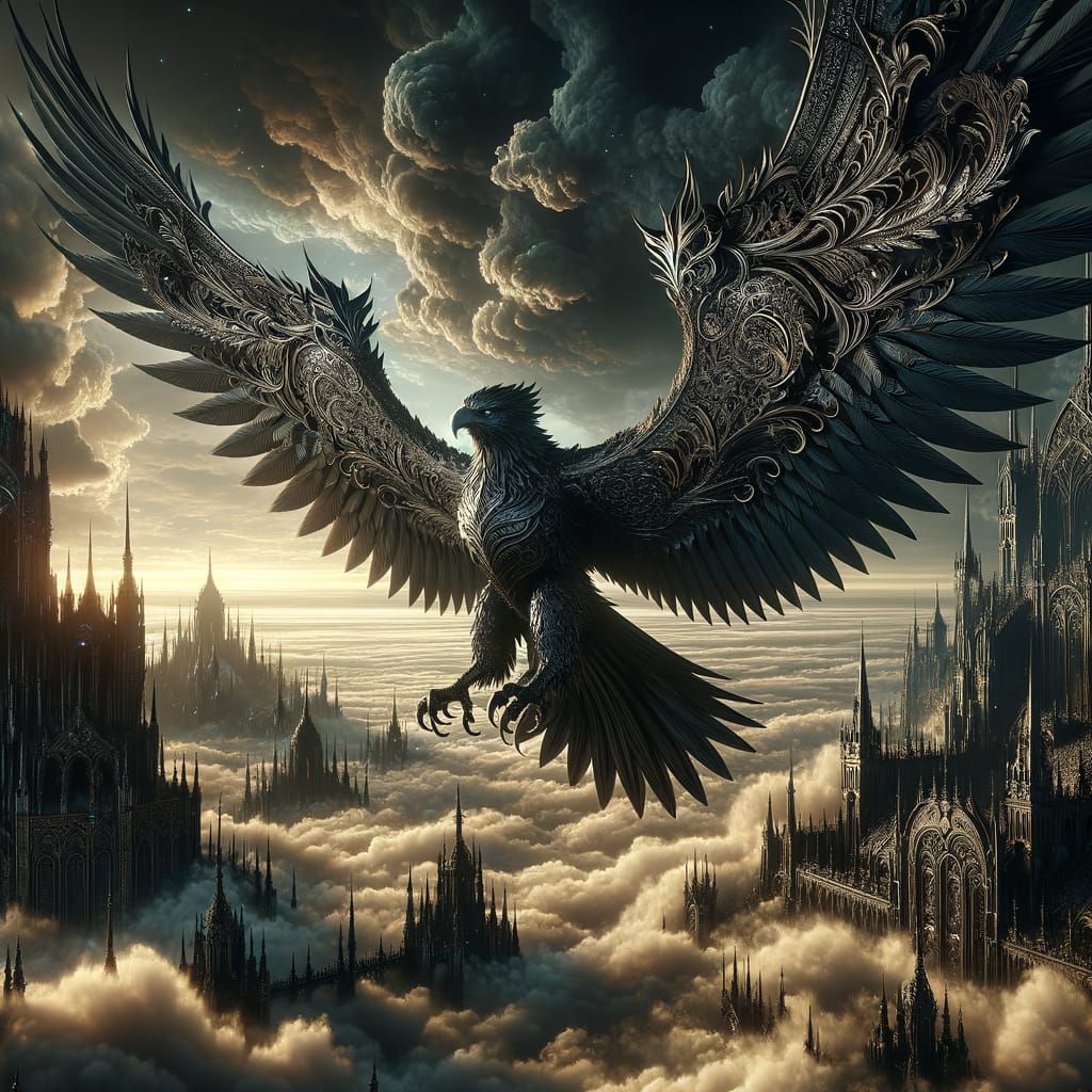 Majestic Armored Eagle Soars in Dark Fantasy Landscape