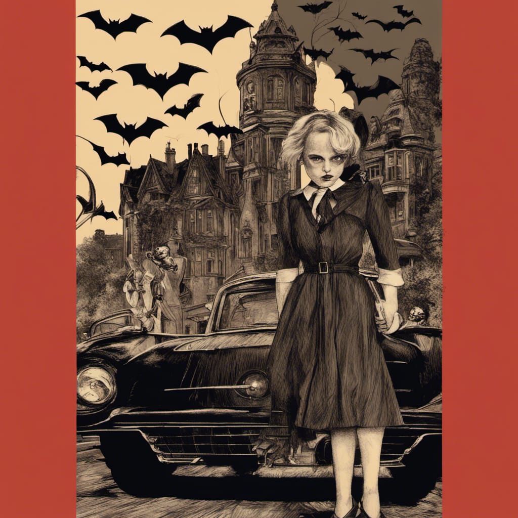 Black cats and black bats Christina Ricci Tim Burton Wes Anderson film noir art deco ink drawing 8bit pastels 64 megapix...