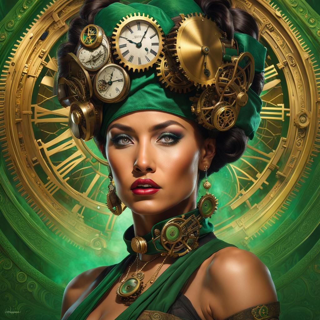 Steampunk Polynesian Woman Portrait with Watercolor Explosio...