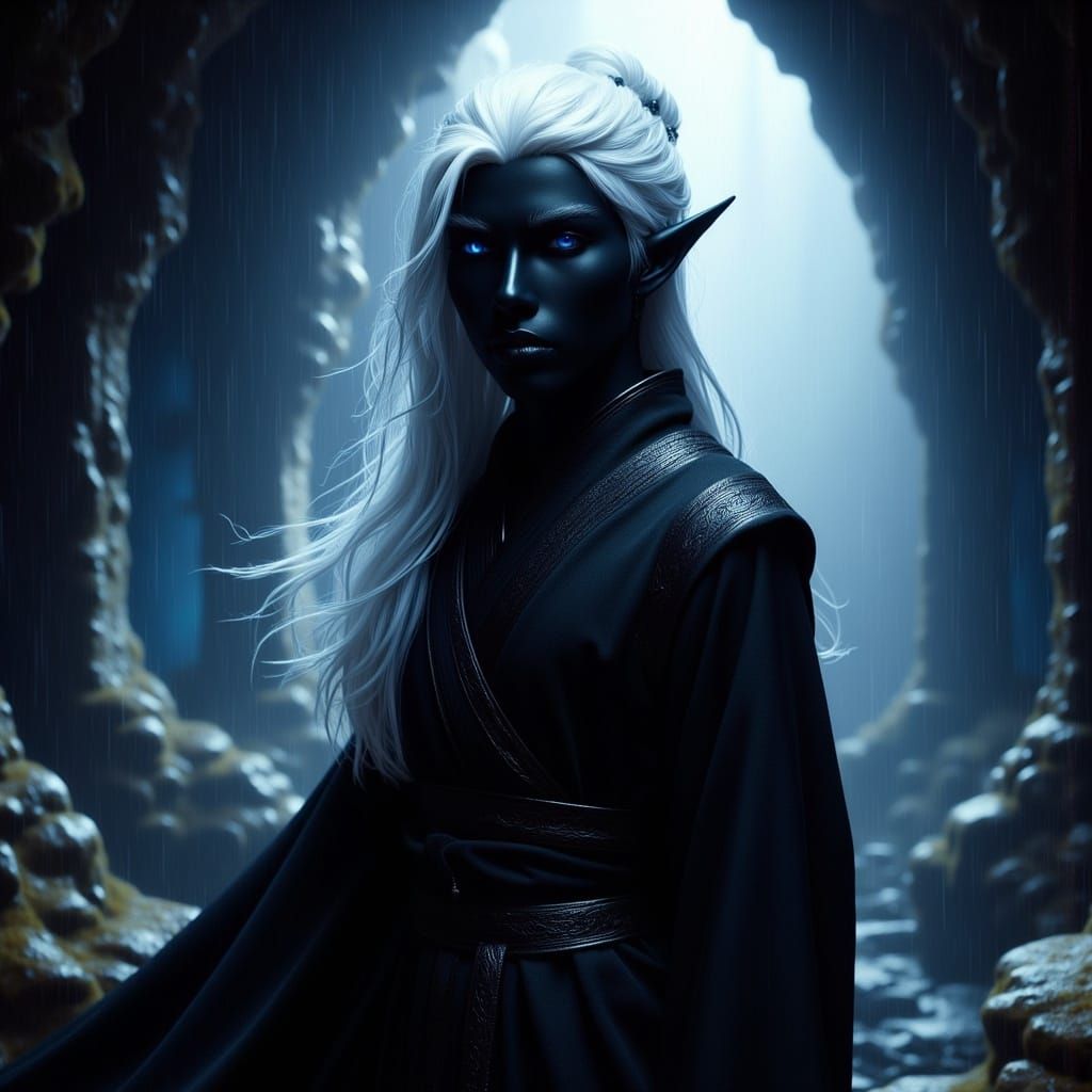 Drow Monk in Dimly Lit Underground Cave