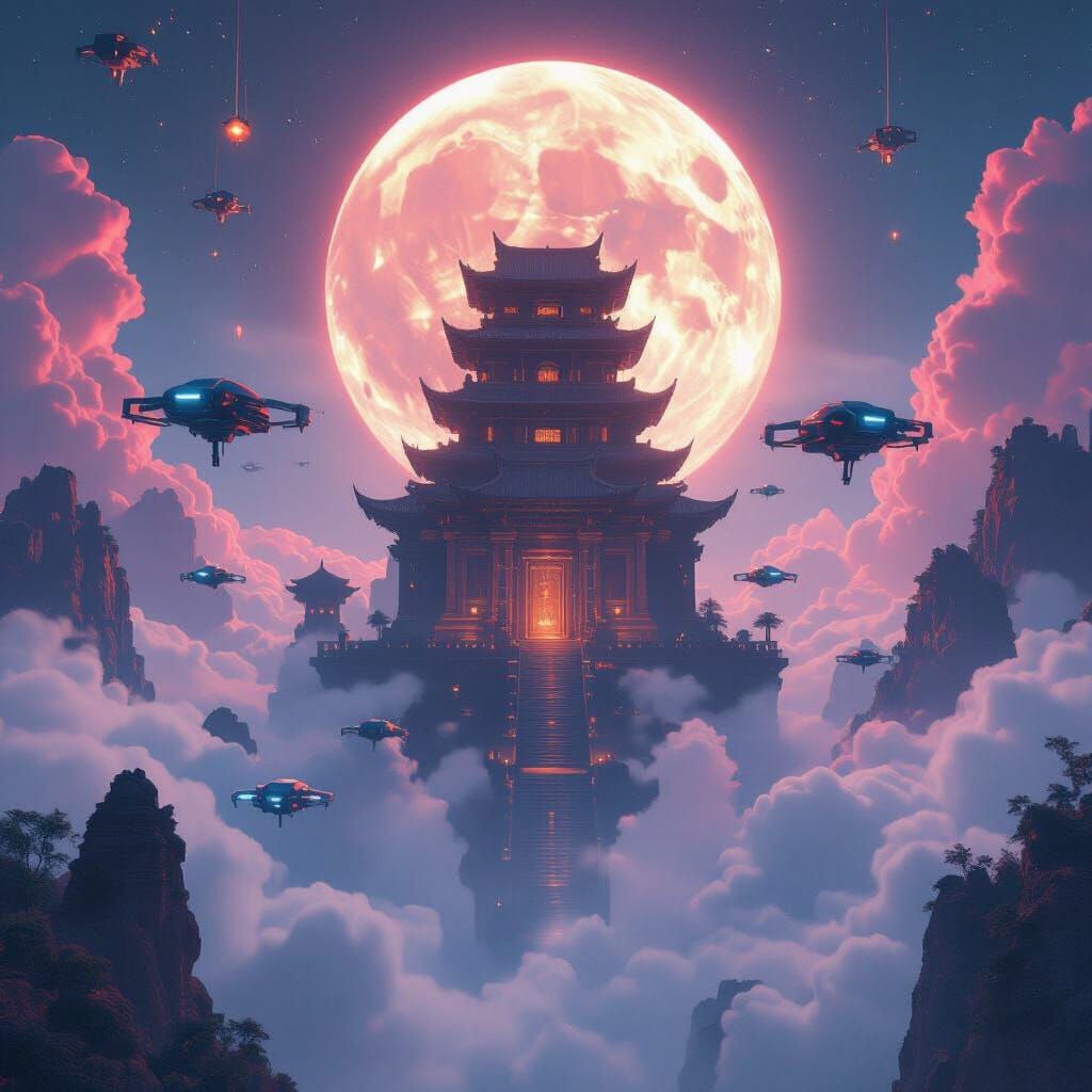 Cyberpunk Temple in the Sky with Drones and Neon Moon