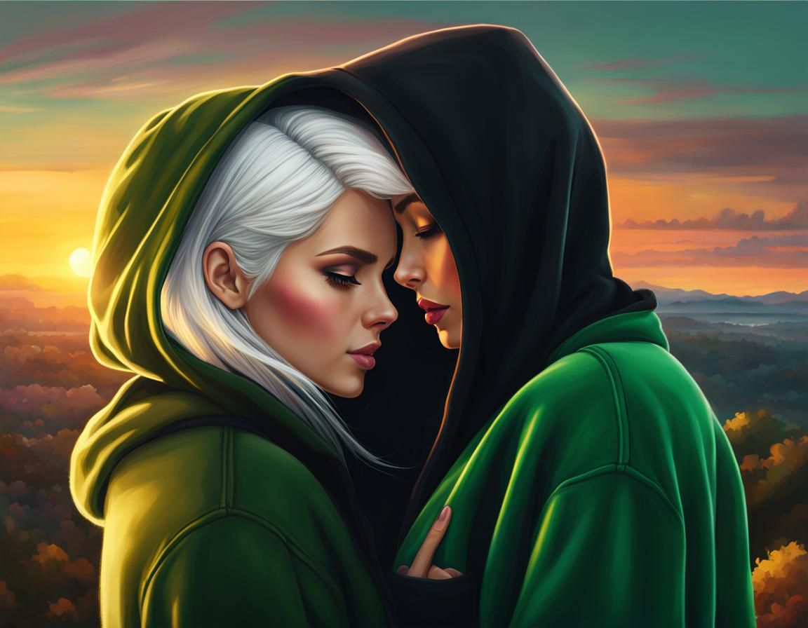 Realistic Sunset Scene of Two Women Embracing