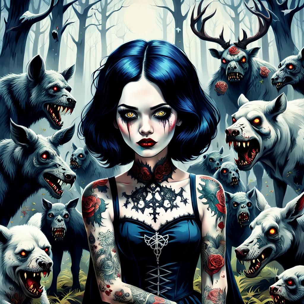 Gothic Snow White with Zombie Animals in Forest
