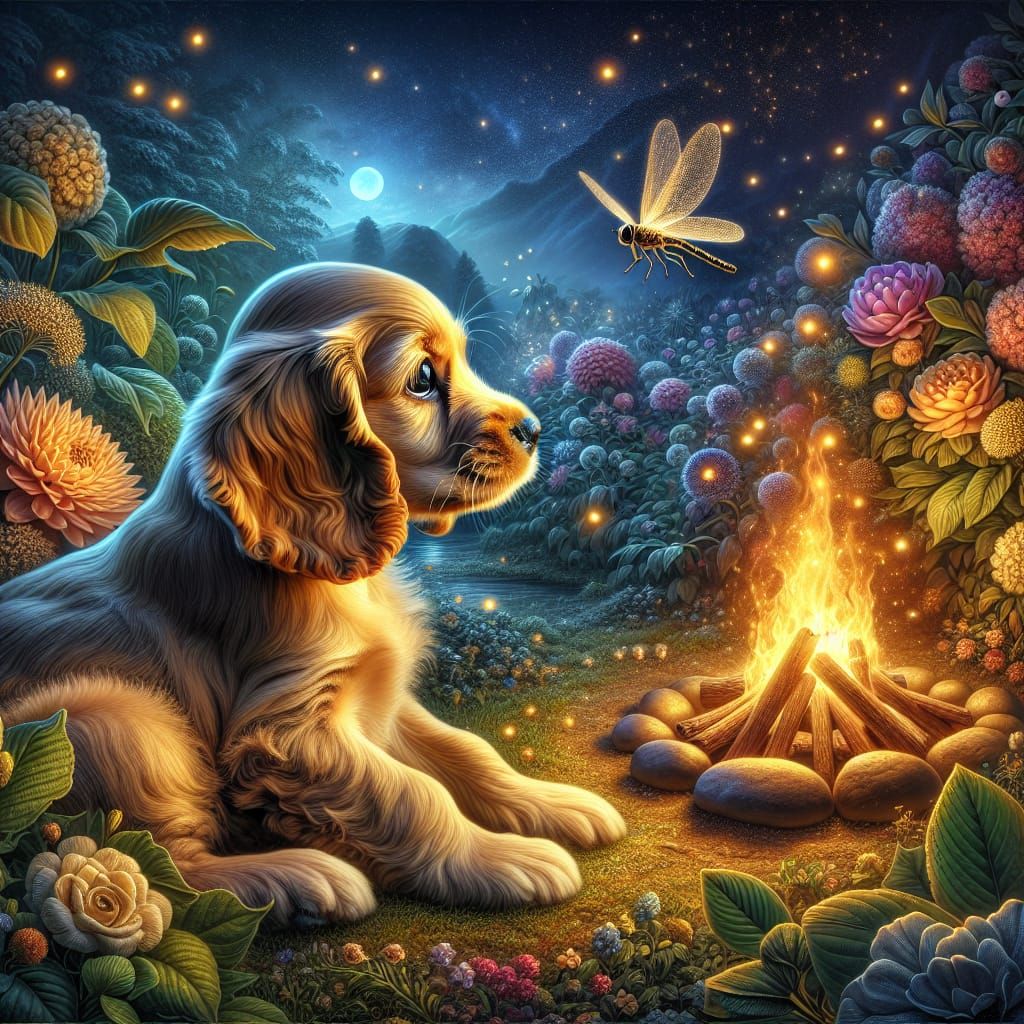 Golden Cocker Spaniel Puppy in Magical Garden