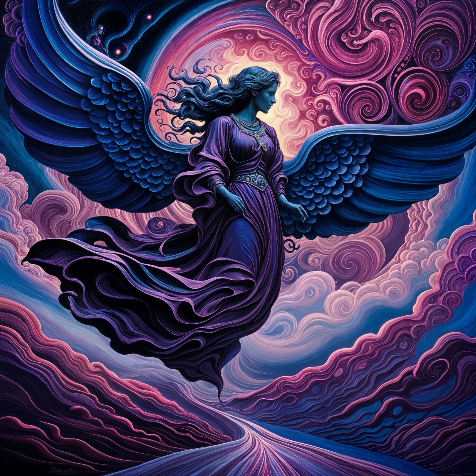 Angel of Death on Swirling Clouds in Acrylic Pour Style