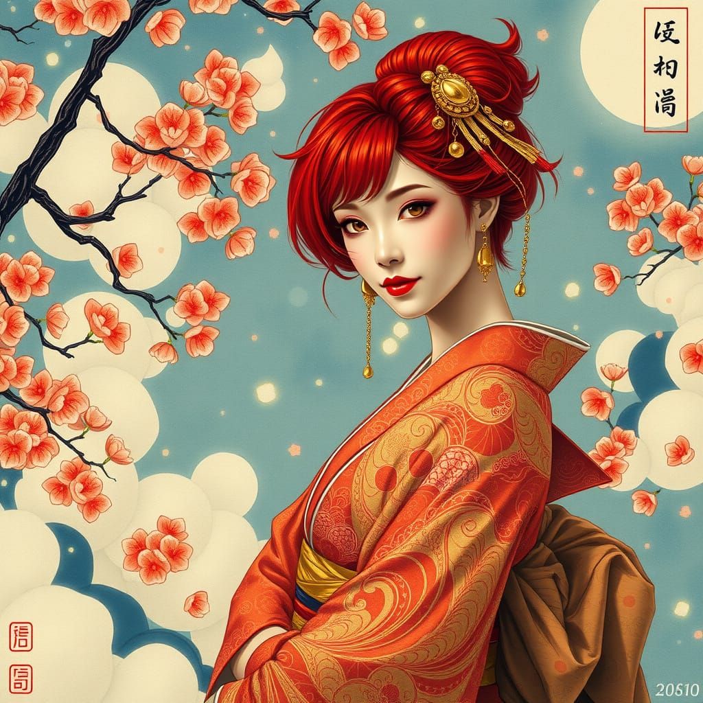 Elegant Red-Haired Woman in Whimsical Japanese-Inspired Art
