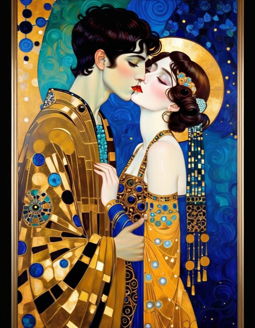 Elegant Art Deco Depiction of Tender Moment