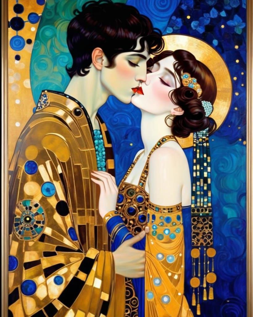 Gilded Art Deco Portrait of a Young Couple in a Romantic Emb...