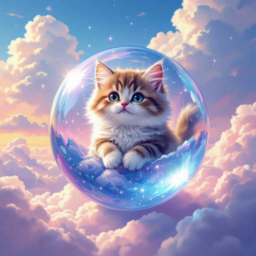 Cute Cat in Crystal Ball on Dreamy Sky
