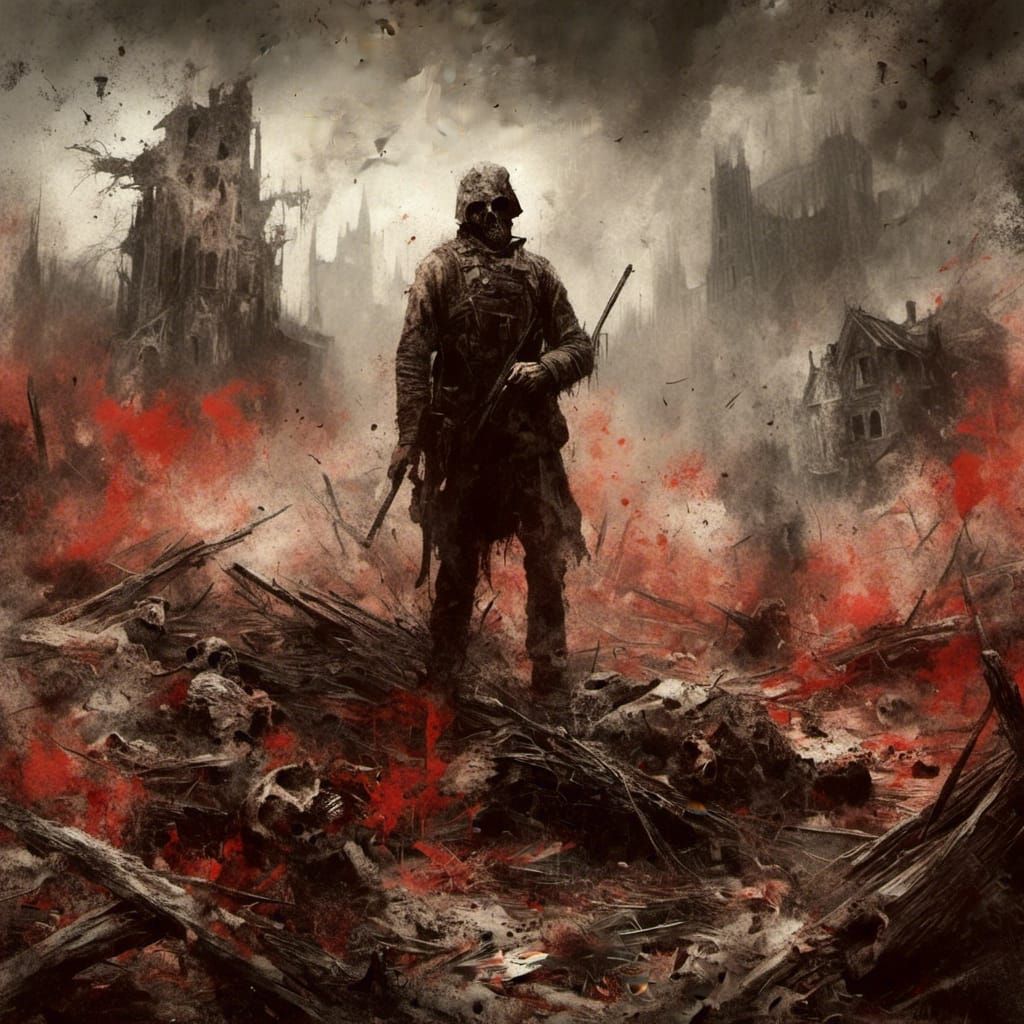 <lora:Macabre:1.0> an intense war with one person left stand...