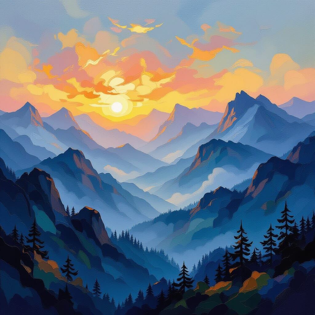 Misty Mountains Landscape in Van Gogh Style