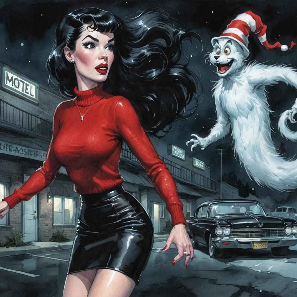 Bettie Page Fleeing Ghost: Whimsical Watercolor Illustration