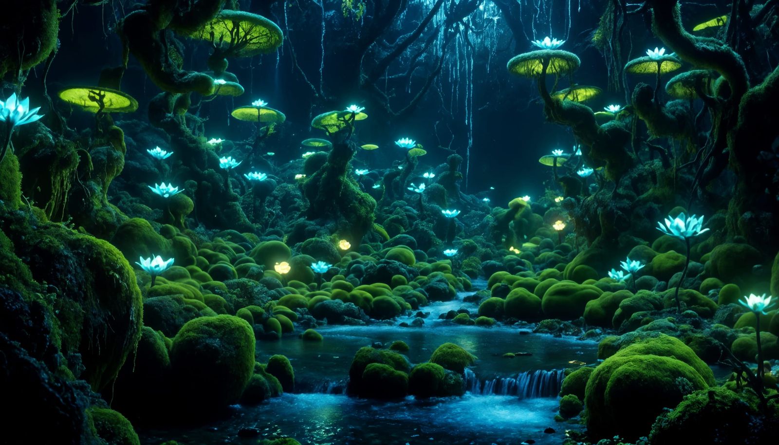 Bioluminescent Alien Forest with Creek and Hybrids