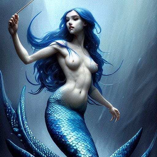 Blue Mermaid in Pond: Dark Fantasy Digital Art