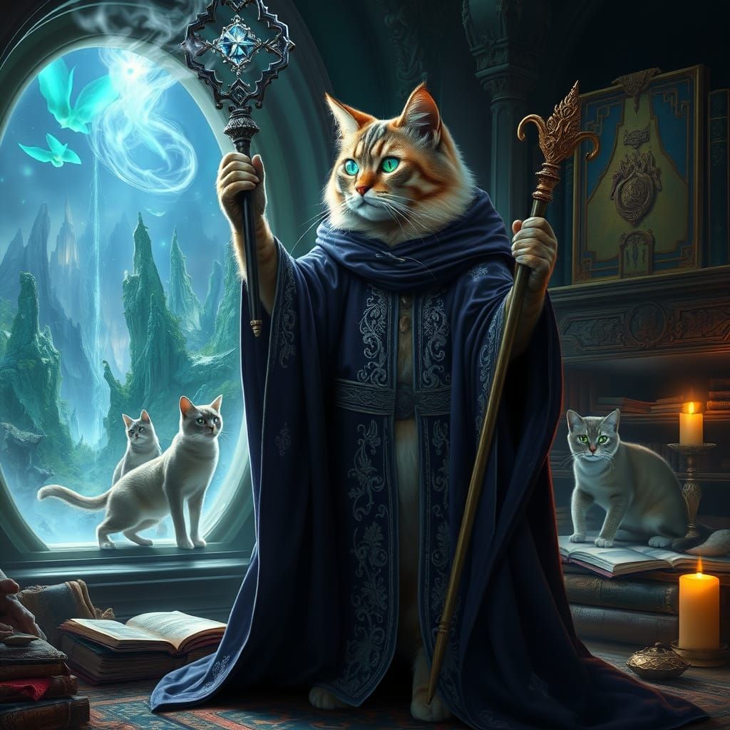Mystical Feline Portal Keeper in Ancient Chamber