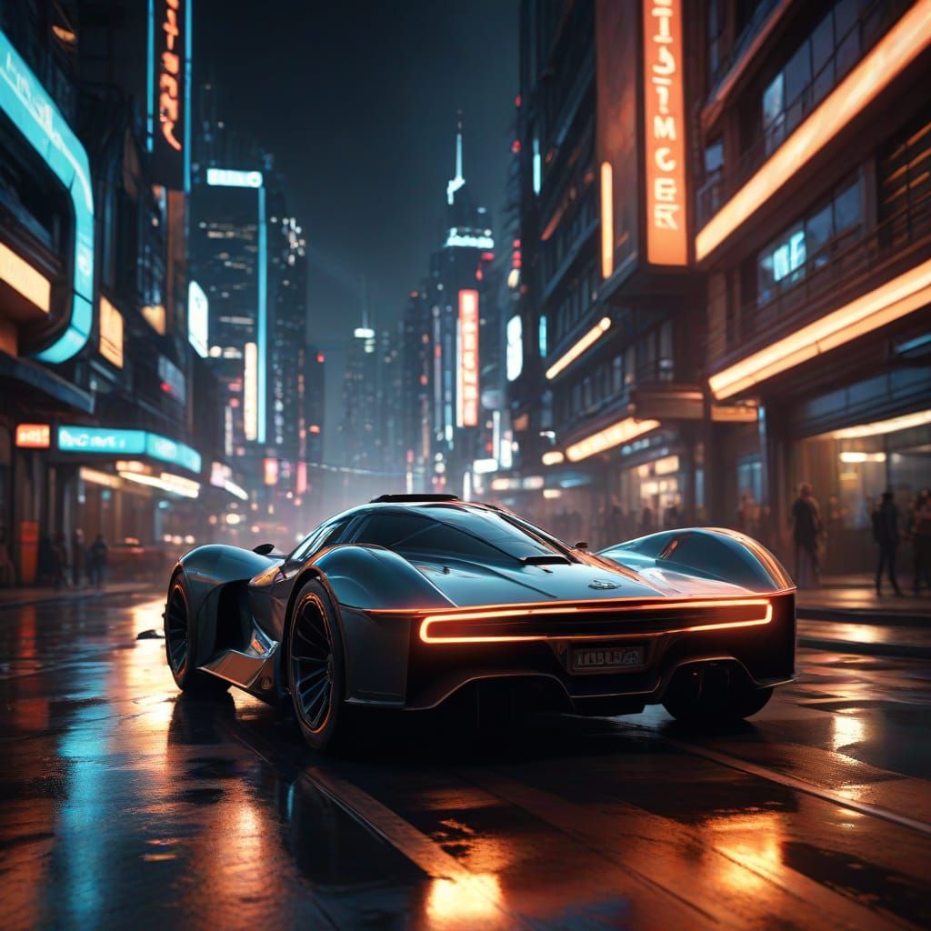 Speeder Races Through Neon Cityscape