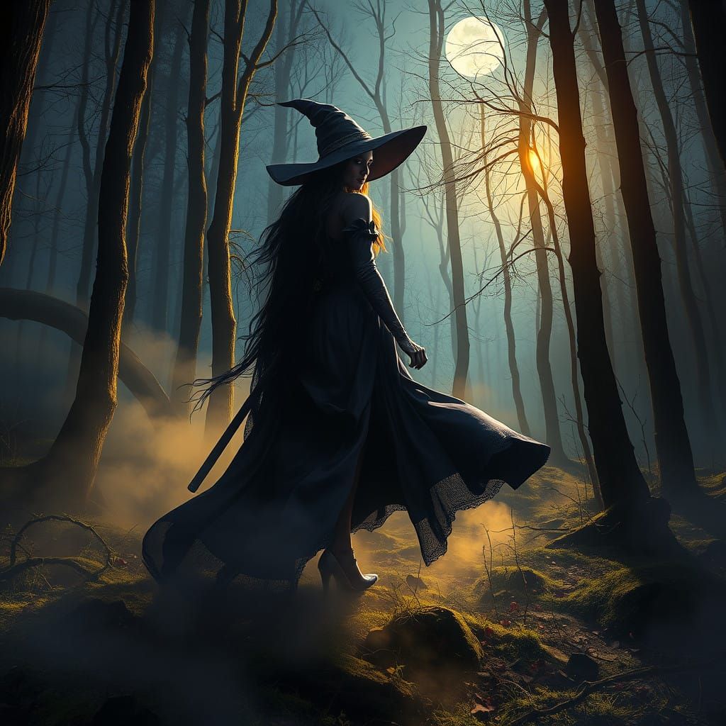 Ethereal Witch Strolls Under Moonlit Woods