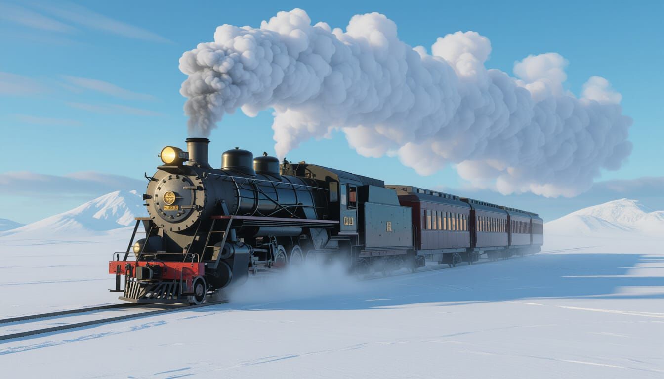 Vintage Steam Train Crossing Snowy Tundra