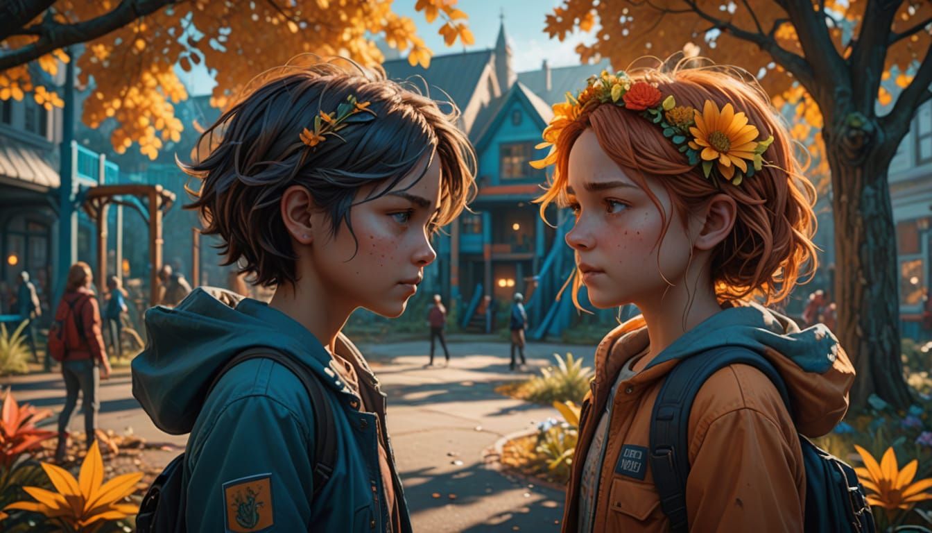 Whimsical School Playground Argument in Triadic Colors