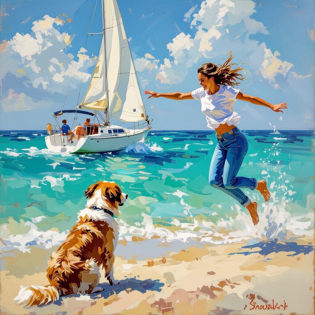 Dog Watches Woman Dive from Sailboat