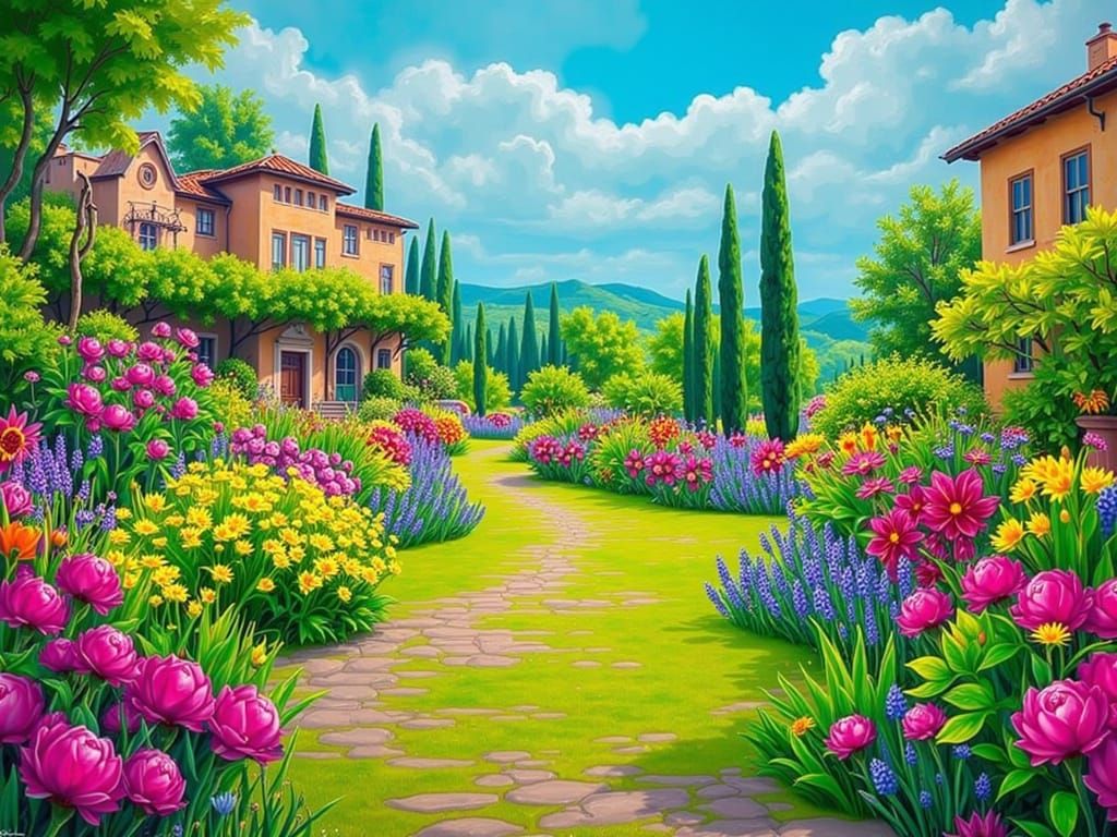 Vibrant Flower Garden in Tuscan Summer