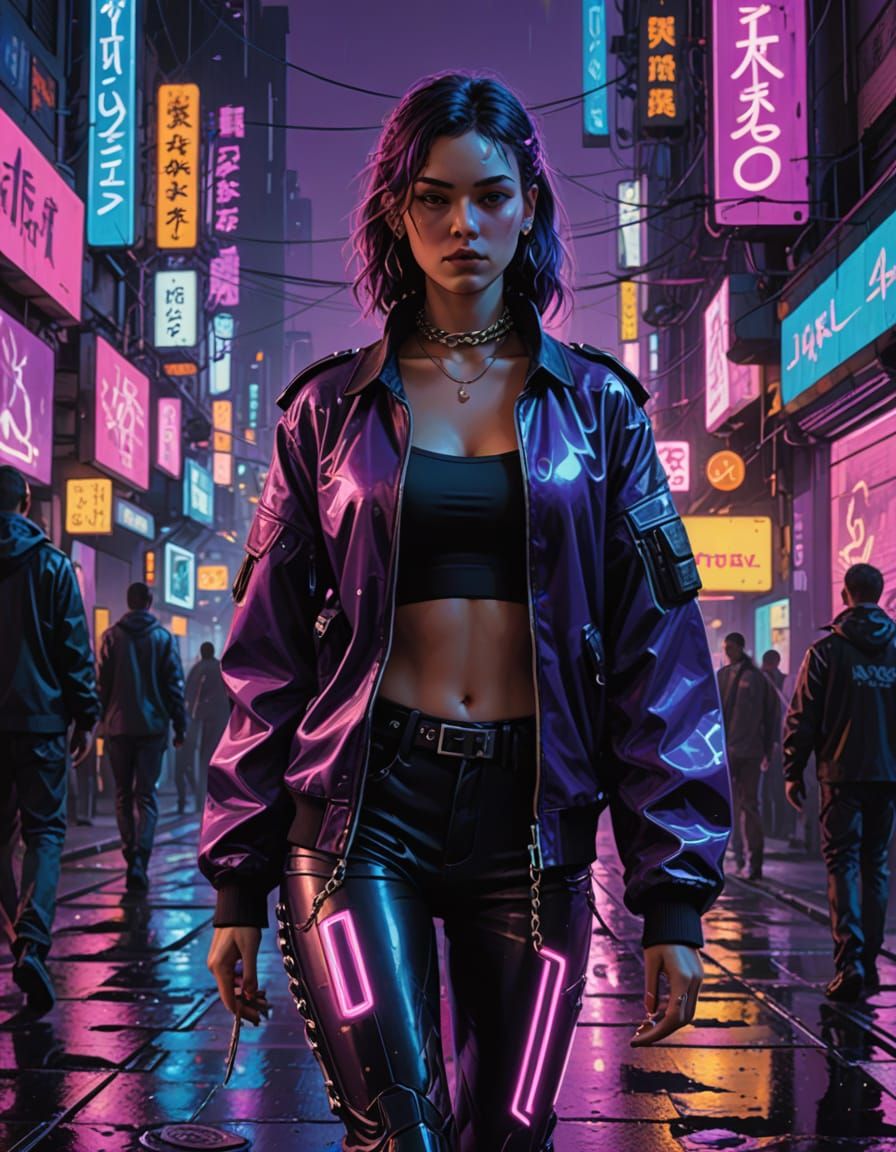 Cyberpunk Woman in Neon Cityscape