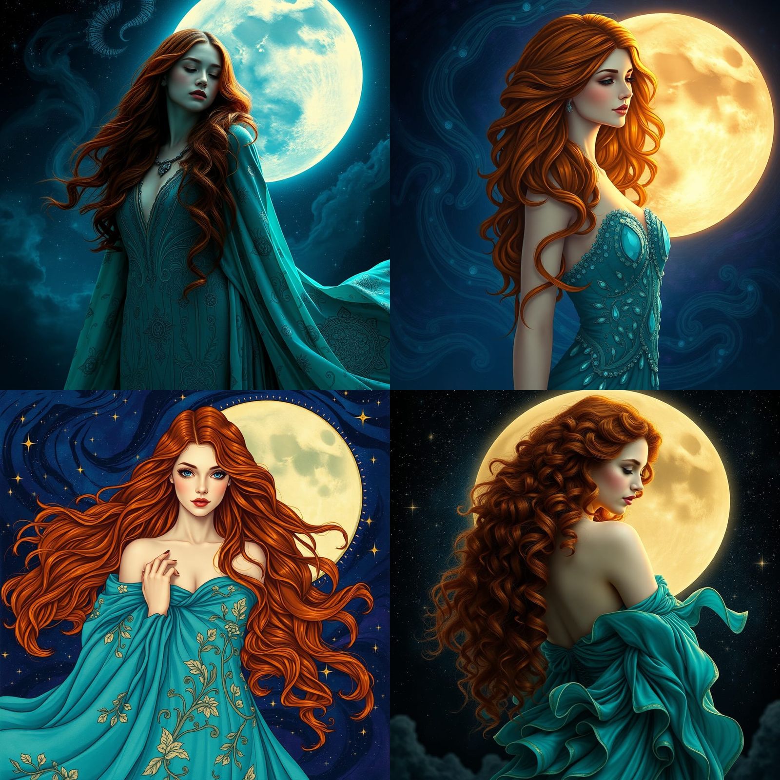 Art Nouveau Moon Goddess with Auburn Hair