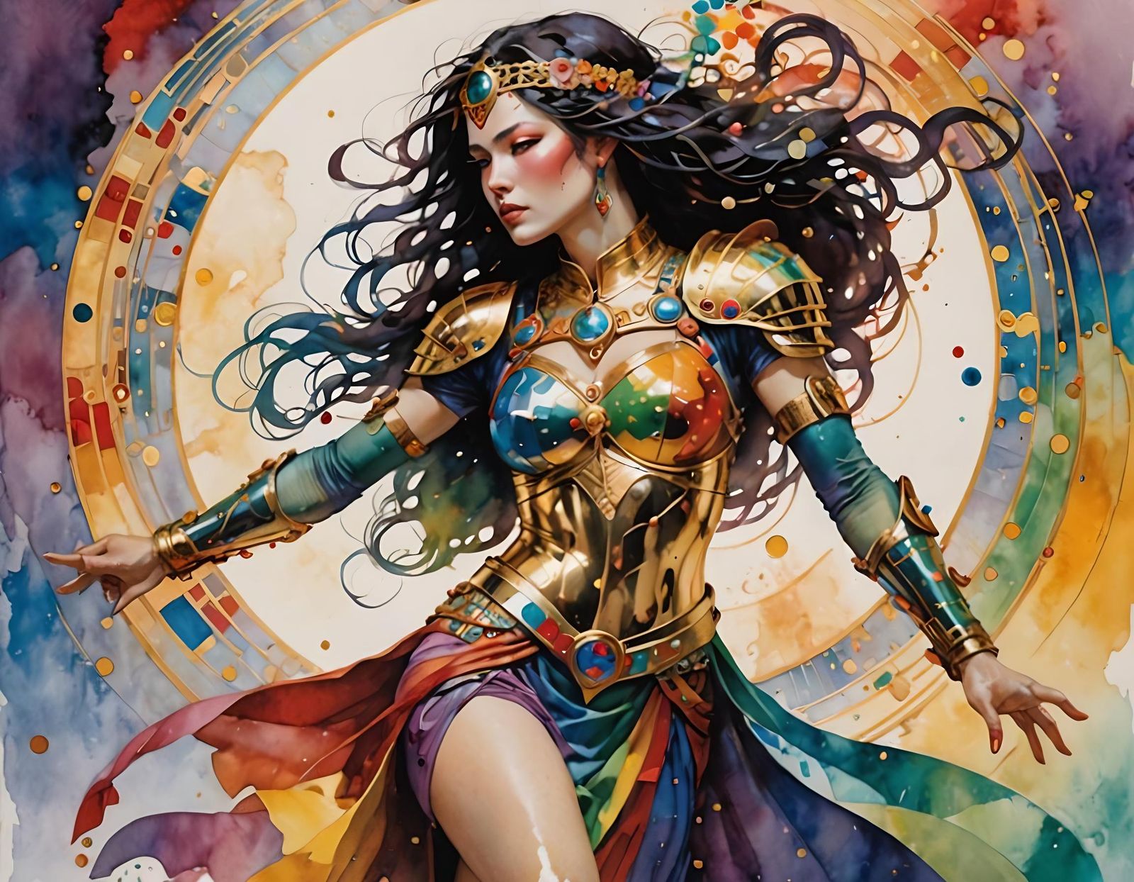 Warrior Woman in Dynamic Pose: Klimt & Mack Style