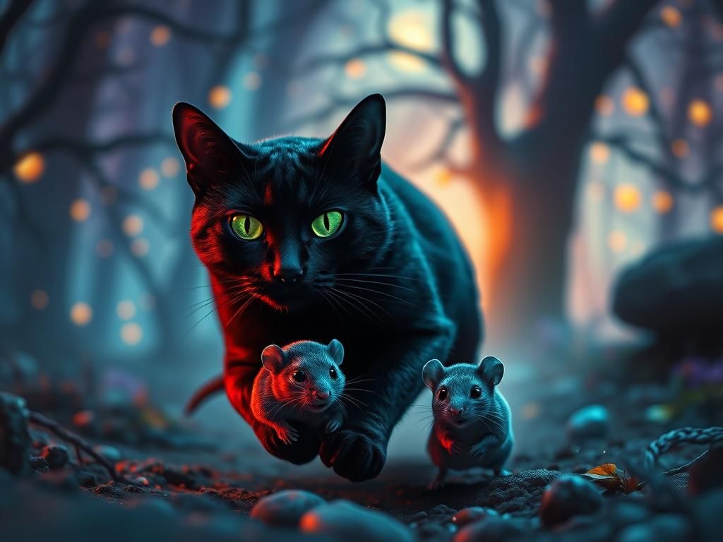 Black Cat Chasing Mouse in Mystical Forest