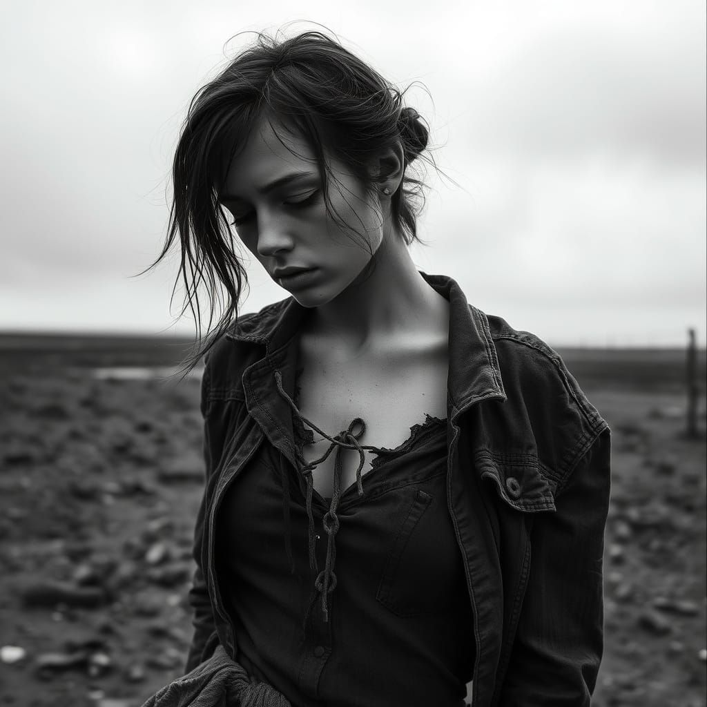 Despairing Female Figure in Monochromatic Landscape