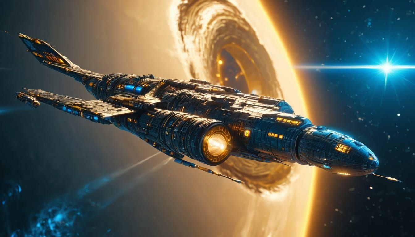 Gold and Blue Star Cruiser Enters Black Hole Event Horizon