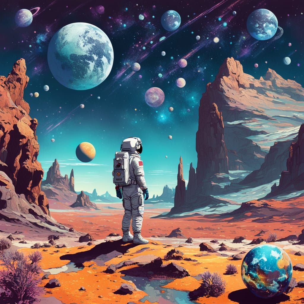 Astronaut on Alien Planet: Vintage Travel Poster