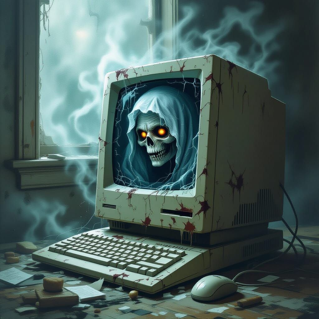 Haunted Computer with Ghost in Horror Style