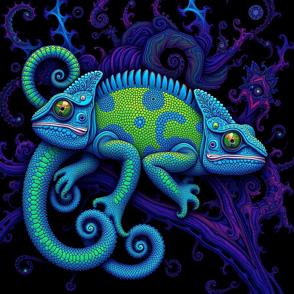 Psychedelic Chameleon in Iridescent Scales and Fractal Patte...