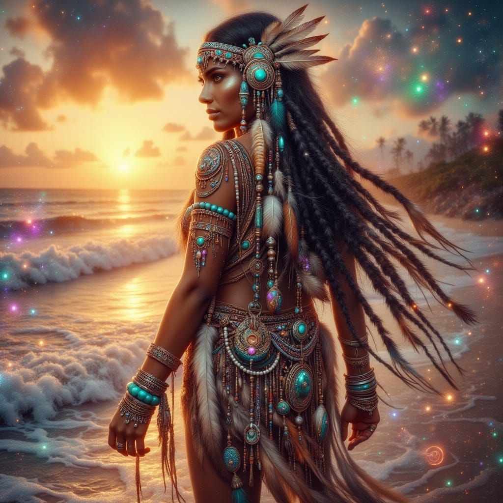 Indian Woman in Native Dress on Beach at Sunset