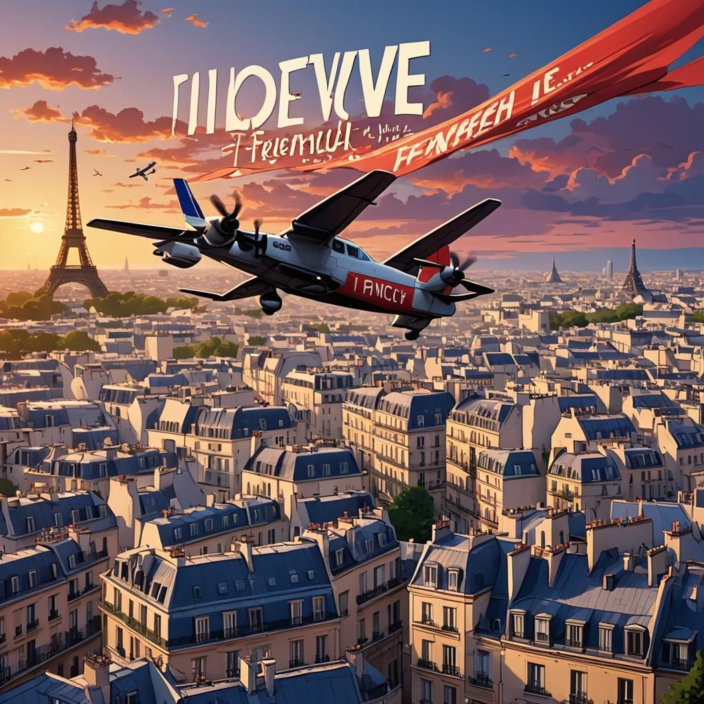 Paris Sunset: Airplane Banner in Anime Style