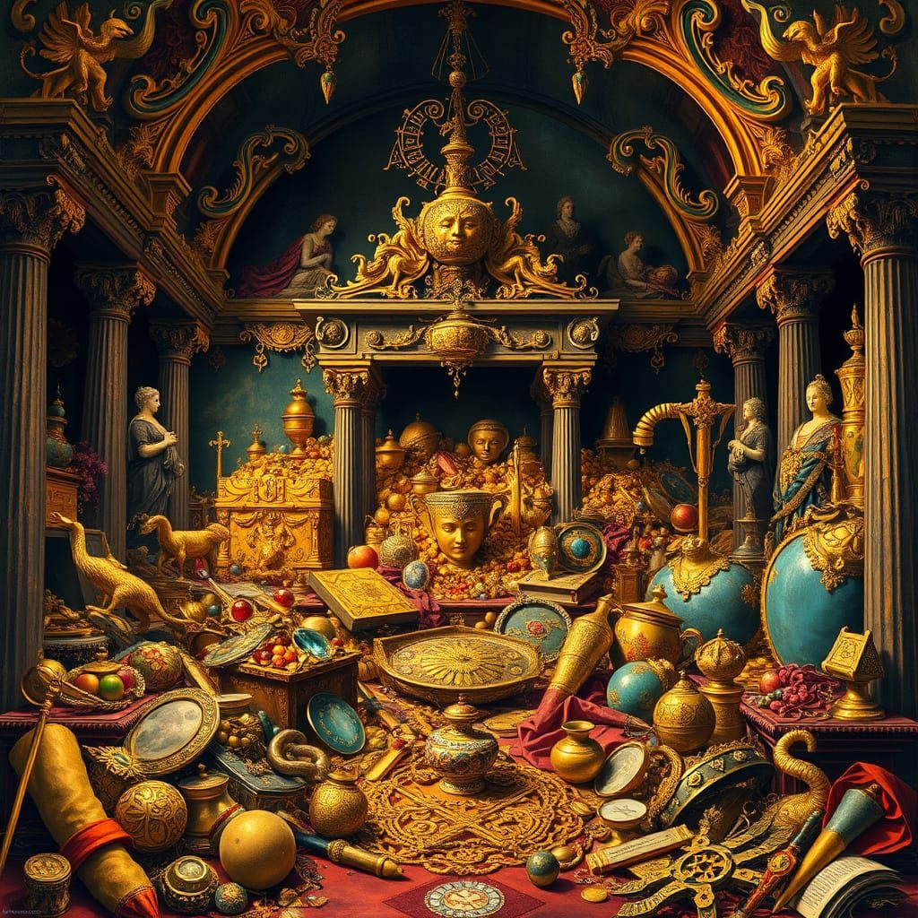 Vibrant Gouache Masterpiece: Gold Treasure in Opulent Darkne...