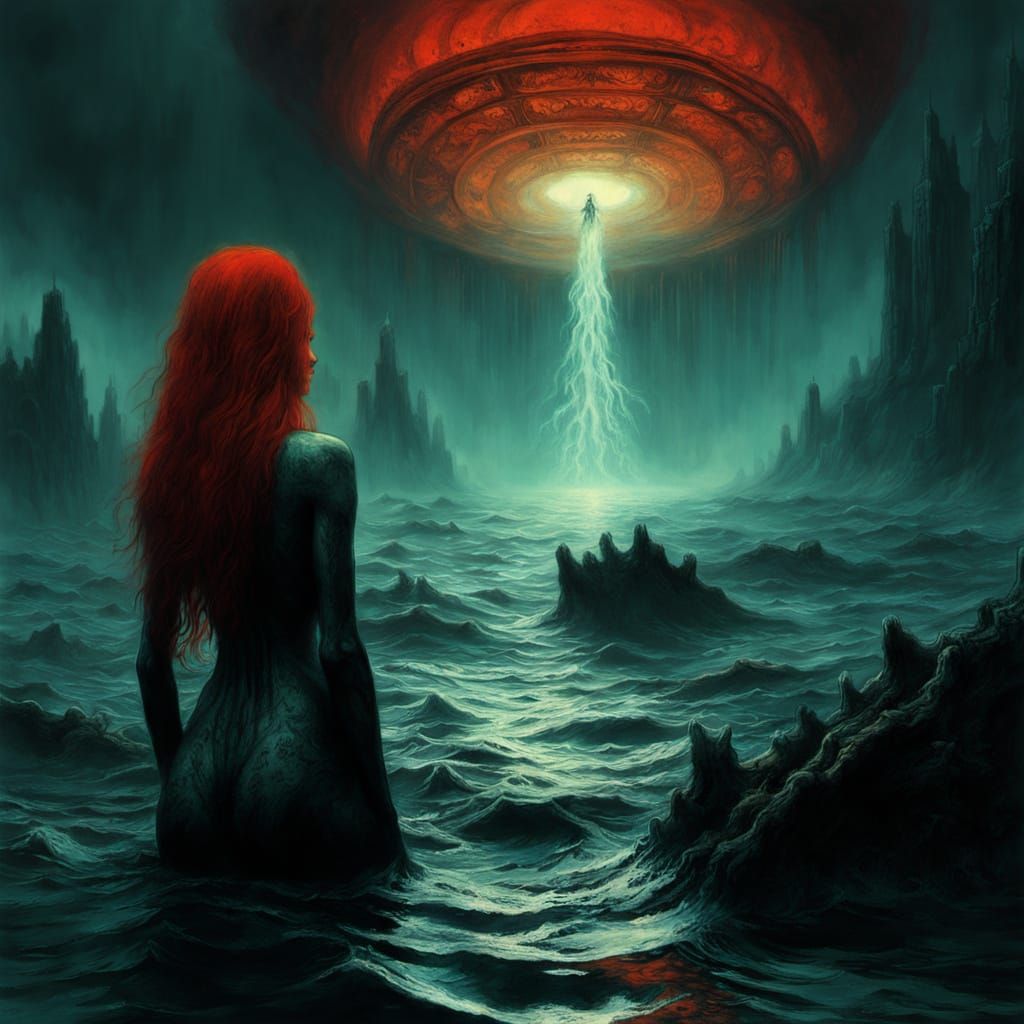 Dark Ocean Siren with Bioluminescent Markings in a Haunting ...