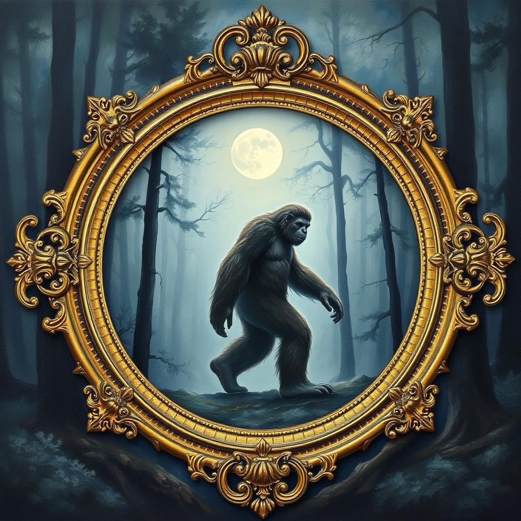 Bigfoot in Misty Forest: Impressionist Oil Painting