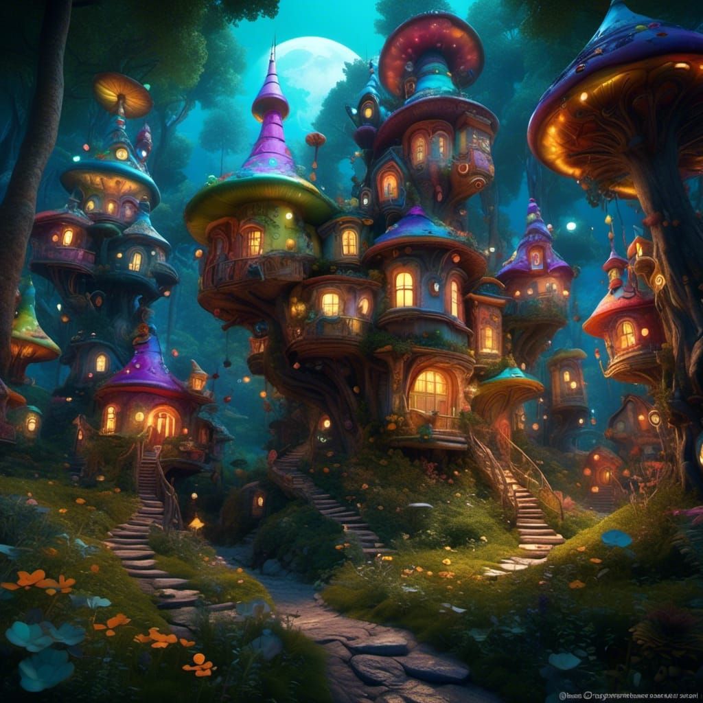 Cute Stump Houses in Forest at Night
