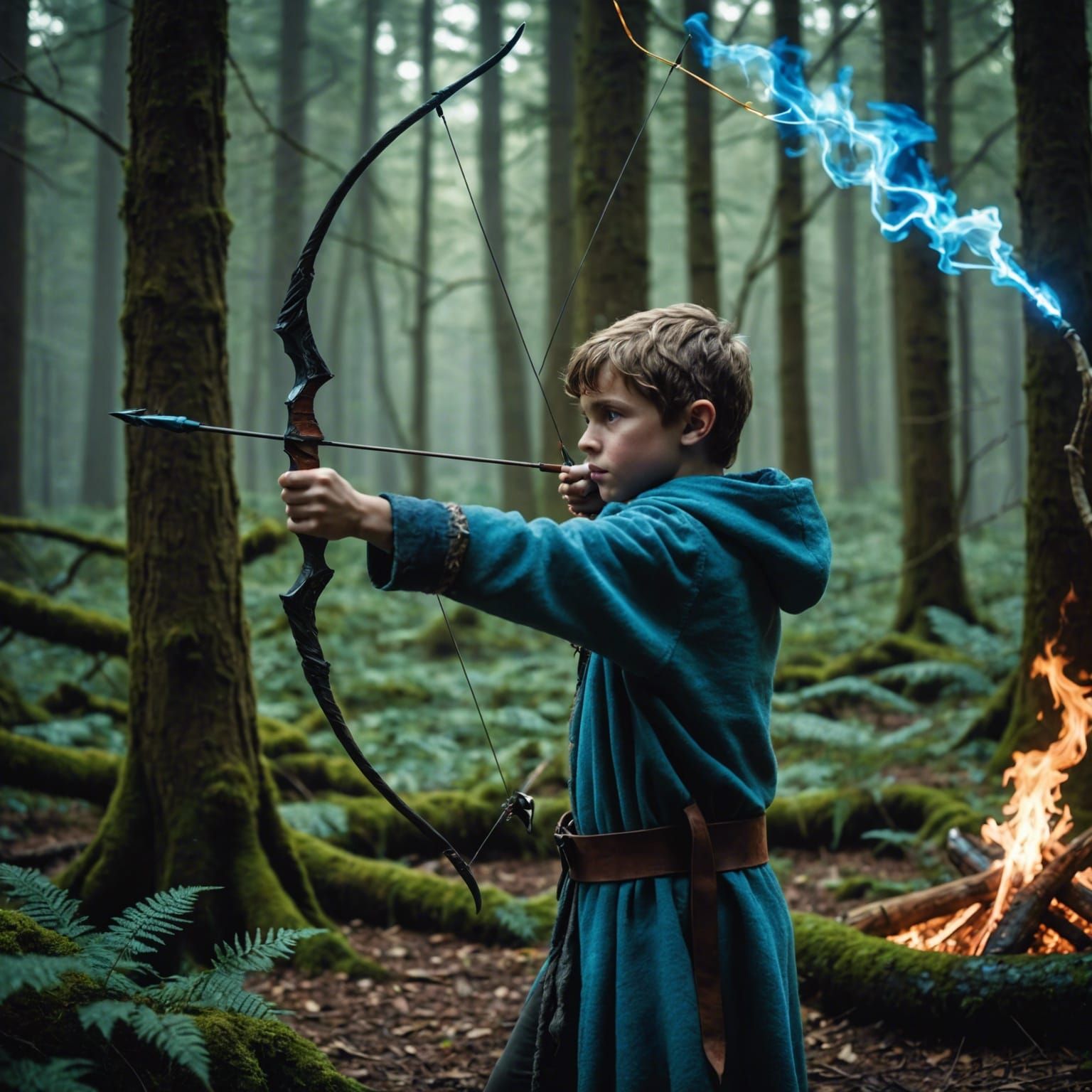 Elf Archer in Magical Forest Fires Blue Arrow