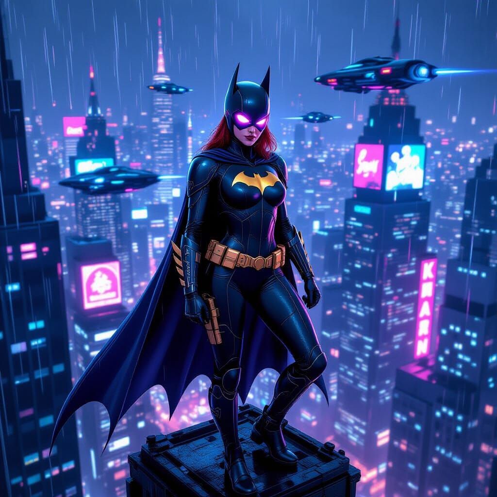 Batgirl in Cyberpunk Metropolis with Neon Glow