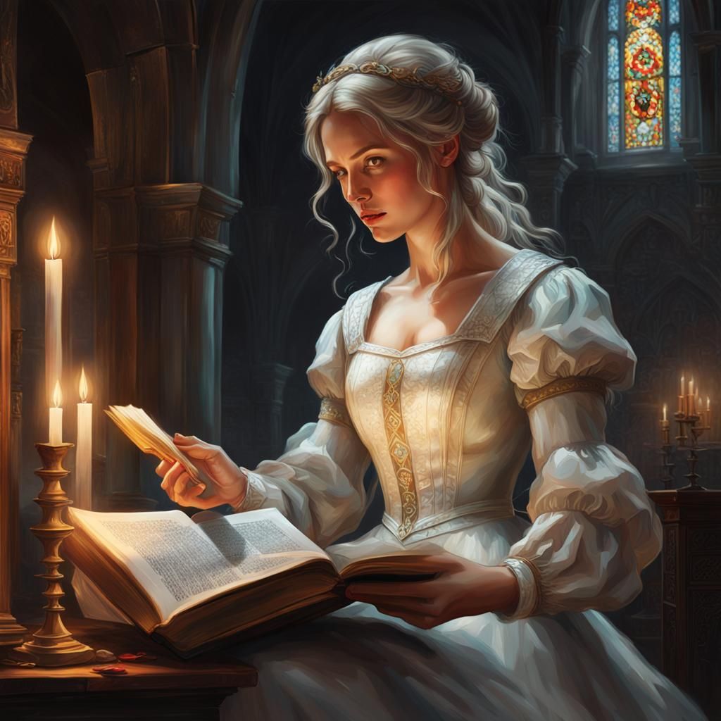 Medieval Woman Reading: Oil Painting Portrait