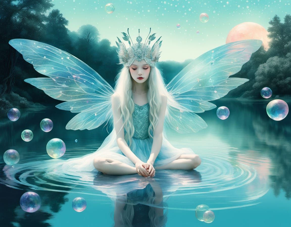 Ethereal Fairy Tiptoes Across Iridescent Lake