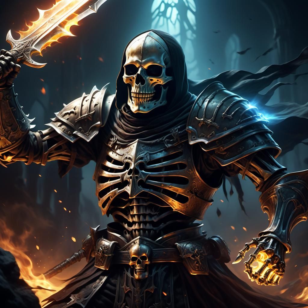 Epic Battle: Human Warrior vs. Glowing Skeleton Knight