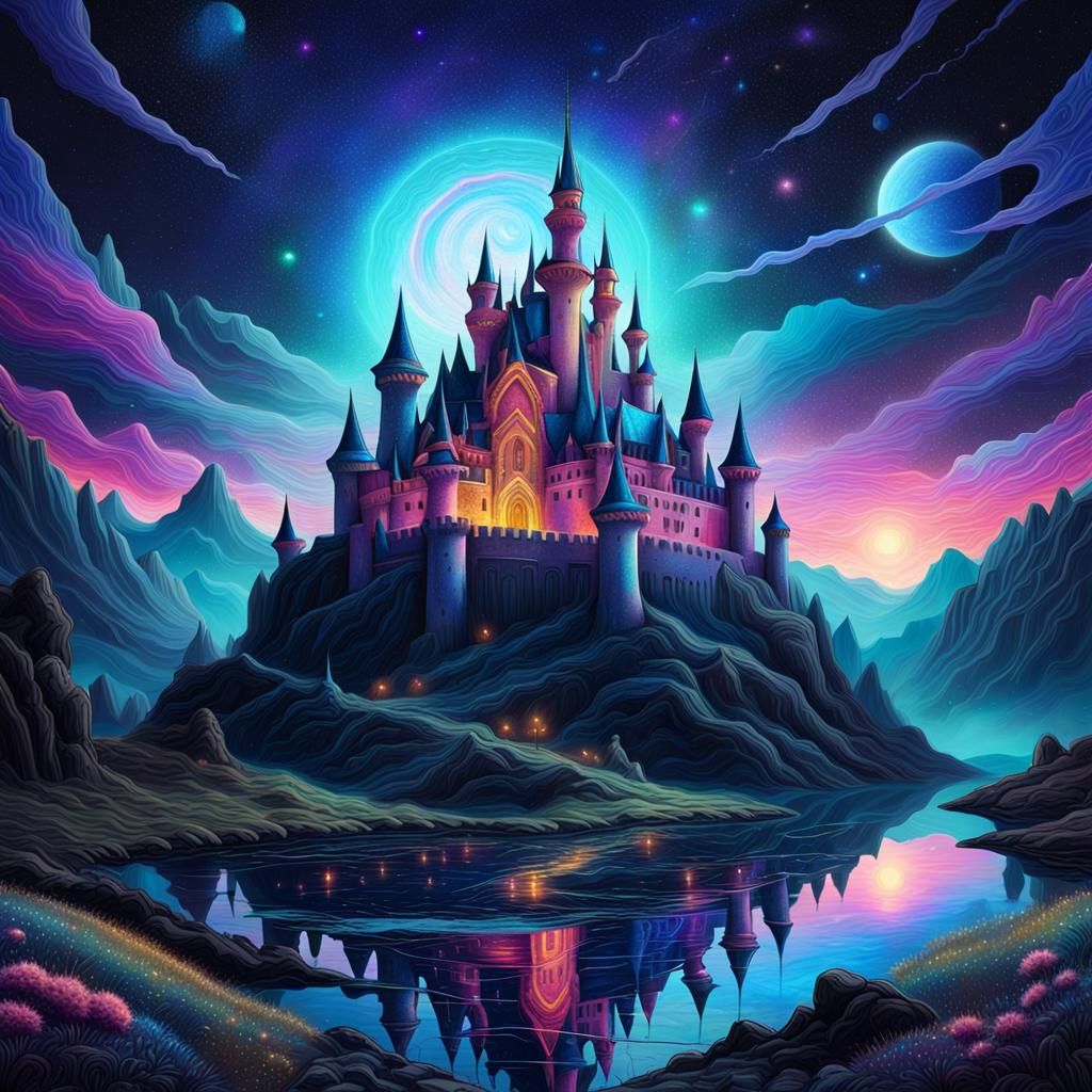 Holographic Astral Castle Illustration in Mixed Media